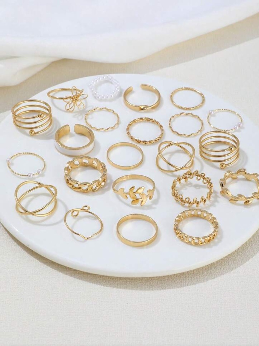 Bohemian 22pc Yellow Gold pave Floral Pearl Ring stack Set viral ๐ leaf Jewel ๐ธ - Picture 3 of 3